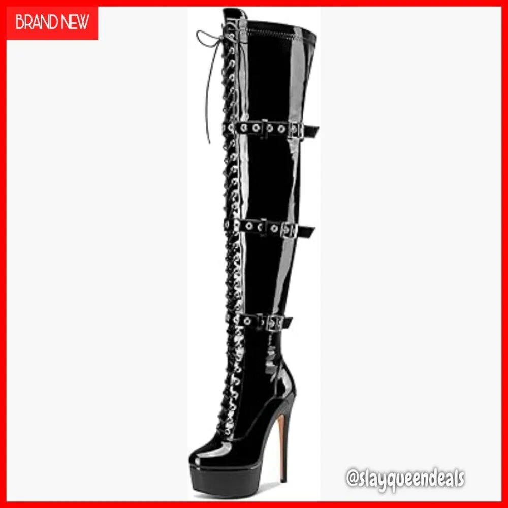 Over The Knee Thigh High Boots Stiletto Platform Round Toe Lace-up Buckle